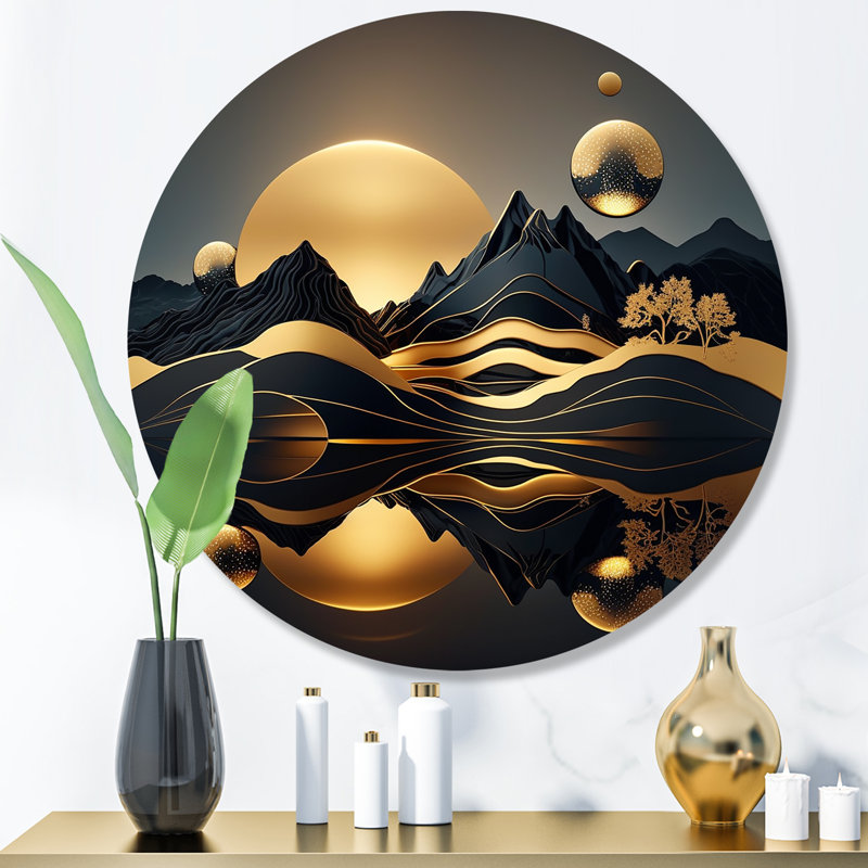 «Gold Metallic Beach View V - Minimalisme», art mural rond en métal, H 23 po x l 23 po x P 1 po