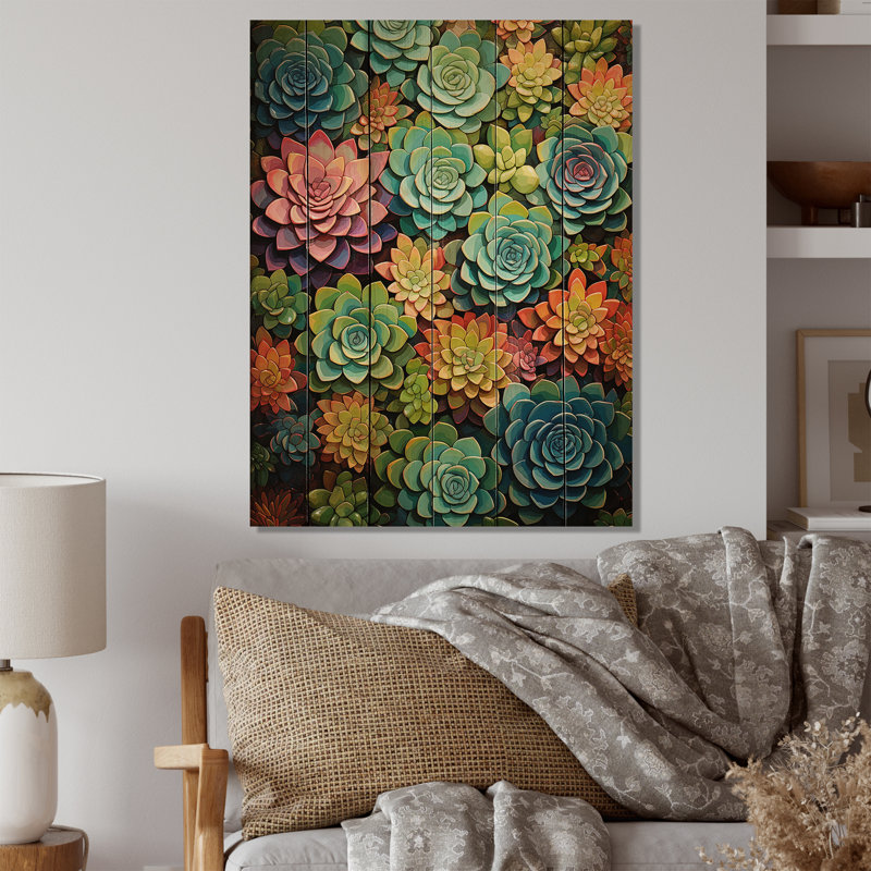 Succulents Succulent Mosaic Print on Natural Wood, 20" H x 10" W x 0.78" D