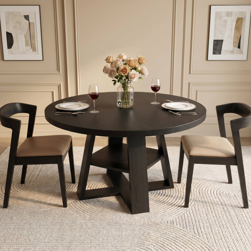 47 Inch Round Wood Dining Table for 4-6, Farmhouse Kitchen Table With Cross Pedestal & Storage Shelf for Kitchen and Dining Room- Black