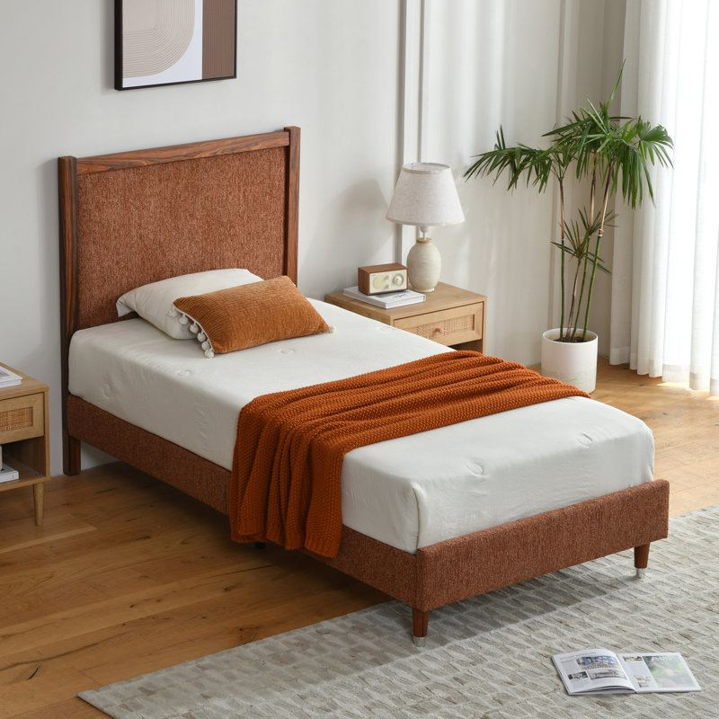 Wooden platform bed with upholstered base, Ocher, Twin