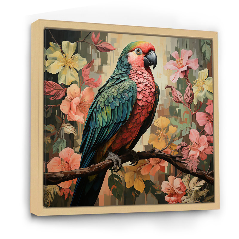 Faucon rose dans un arbre tropical II - art mural perroquet, H 16 po x l 16 po x P 1 po, Cadre flottant brun