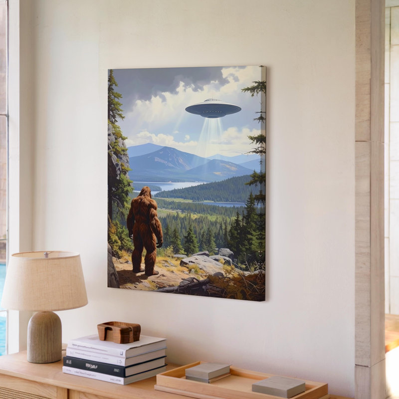 Toile Bigfoot Ufo Encounter Canvasmysterious Creature And Hovering Ufo Art Wall Art Ready to Hang Gallery Wrarap Home Decor Modern Design