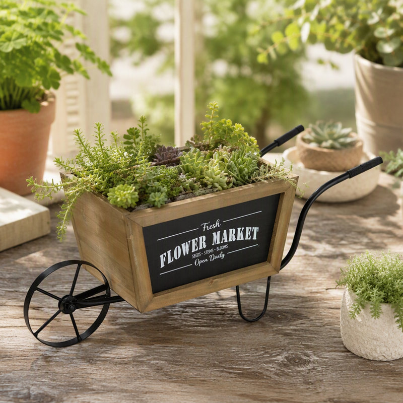 19.5x7.9x8.3" Wooden Wheelbarrow Planter with Iron Frame