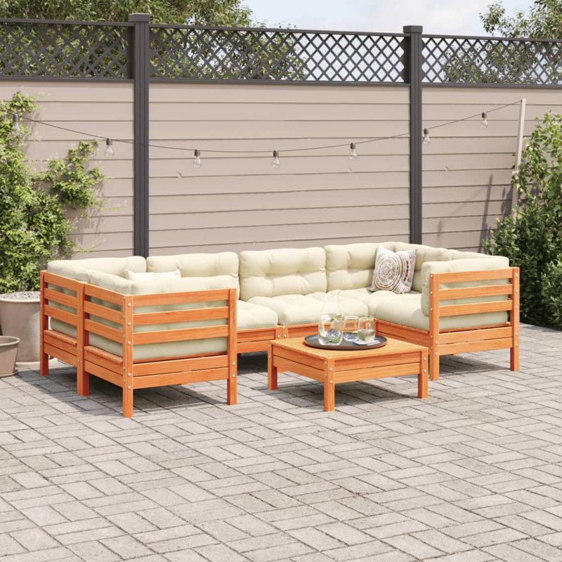  Ensemble de canapé de jardin en bois de pin massif brun cire, tissu Oxford grand, Coussin beige / structure brune