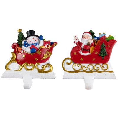 Santa And Snowman Sleigh Ride Christmas Stocking Holders - 4.25" - Set Of 2