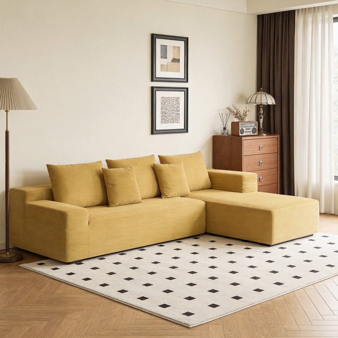 260CM Yellow Velvet Sectional Sofa, L-Shape with Square Arms and Vacuum Compressed Delivery Fast Dispatch From UK Warehouse – Dispatched Within 2 Days
