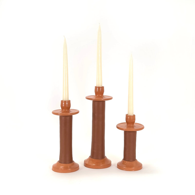 Large Leather Wrapped Candle Holder - terracotta, Brown, 12" H x 3.5" W x 3.5" D