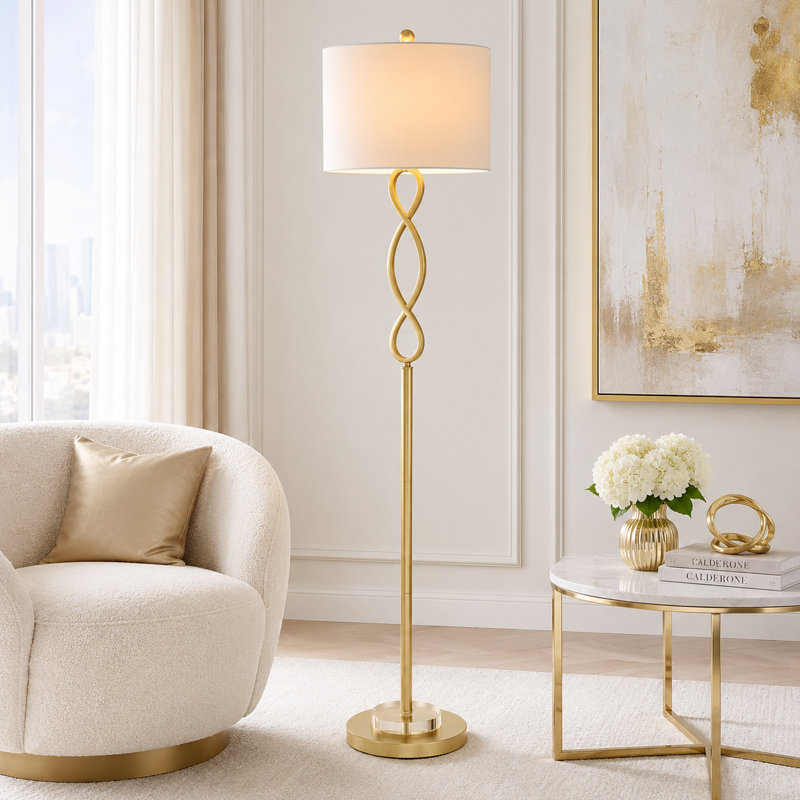  Lampe sur pied 59 po Modern Glam Gold avec éclairage à 3 intensités et abat-jour tambour en lin