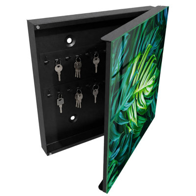 Wall mounted key box, Opens to the right, 30x30x5, White, Leaves in rich shades of green, 