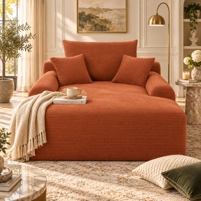 Plush Corduroy Convertible Sleeper Sofa Bed, Boneless Chaise Lounge Chair with Wide Armrest & Throw Pillows, No Assembly Required, Cozy Lounge Chair for Living Room Bedroom, Orange