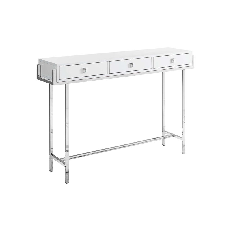 Table d'appoint Geno, console, vestibule, étroit, canapé, tiroir de rangement, salon, chambre à coucher, métal, Blanc/argenté