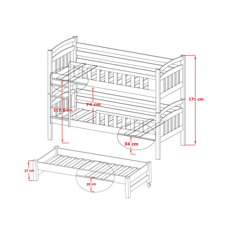 Angelos 90 X 190cm Bunk Bed with Storage Included with Trundle Included, Graphite