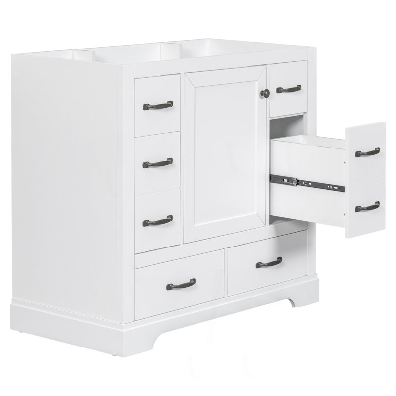 Meuble-lavabo 36 po sans lavabo, base d'armoire seulement, six tiroirs, diviseur de tiroir multifonctionnel, tablette réglable, blanc