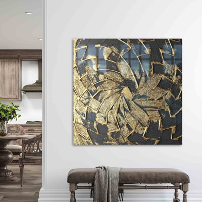 Modern Abstract Blue And Gold Glass Wall Art For Home Decoration With Shimmering Finish