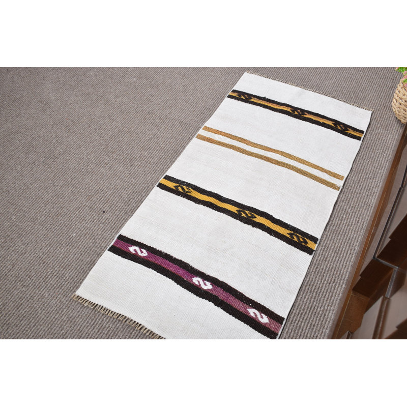 Vintage Turkish Kilim Rug: Handwoven Antique Hemp, White Flat-Weave Striped Authentic Small Area Rug