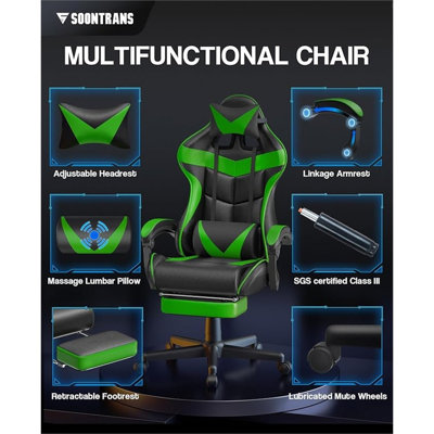 Fauteuil de jeu Soontrans Green avec repose-pieds, fauteuil de jeu de course, fauteuil de jeu d'ordinateur, fauteuil de jeu ergonomique avec appui-tête réglable et support lombaire (vert jungle)