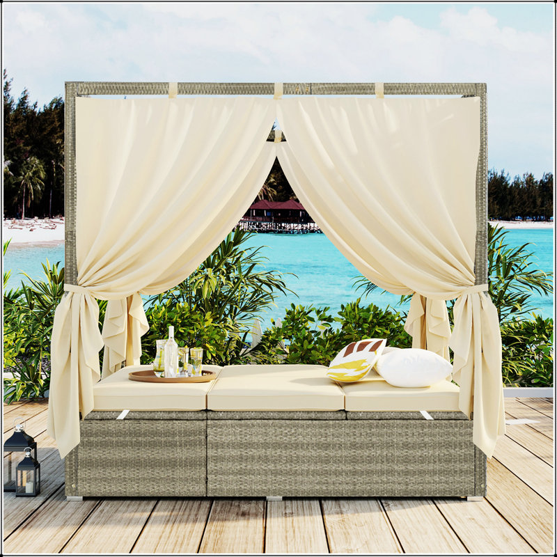 Adjustable Sun Bed With Curtain,High Comfort,With 3 Colours, Beige