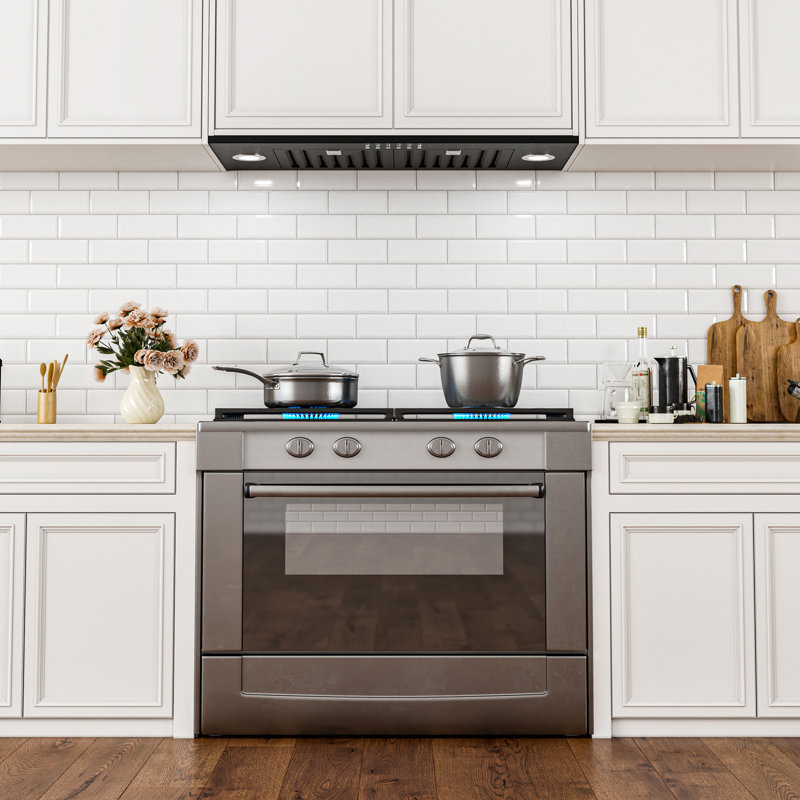 Hotte de cuisine 36 pouces 900 CFM convertible à 4 vitesses en acier inoxydable noir avec bouton poussoir et lumières DEL