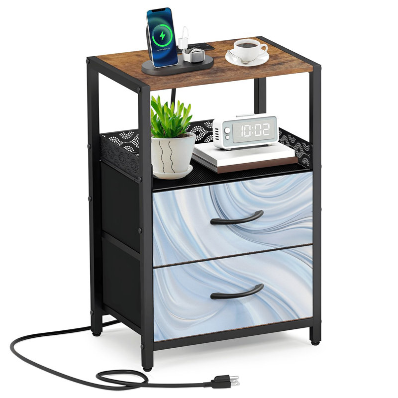 Table de chevet 2 tiroirs en tissu avec station de charge Bleu doux blanc abstrait abstrait tourbillon de fluide