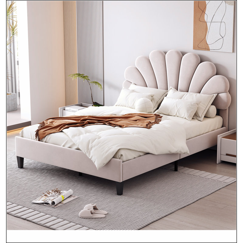 Lit plateforme tapissier avec tête de lit en velours à motif floral, Double, Beige