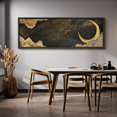 Moody Yellow Crescent Moon Night Clouds Home Decor Extra Large Picture Framed Canvas Print Wall Art