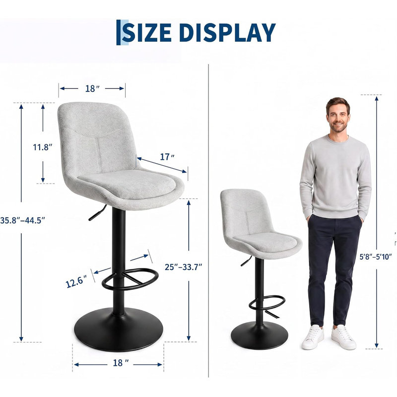 Tabouret de bar avec dossier ergonomique, chaise de bar pour comptoir de cuisine, Gray