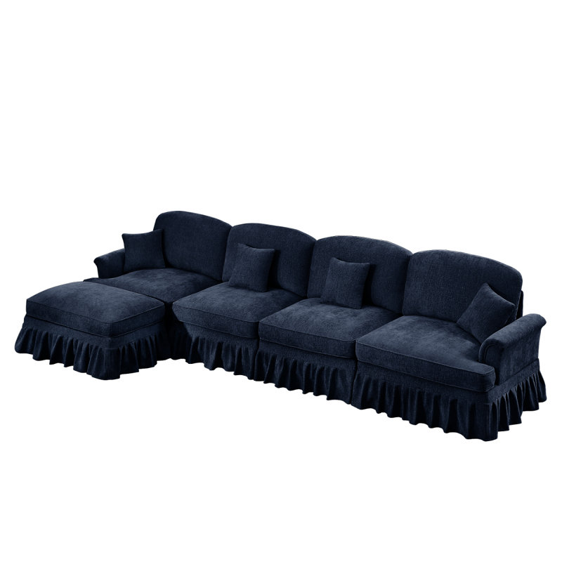 Classic Three Seater Modular L Shaped Sectional Couch With Flared Arms And Removable Ruffles Pleats Skirts And Spindle Legs, Comfy Chenille Fourseat Deep Seat Sofa With Movable Ottoman, Blue
