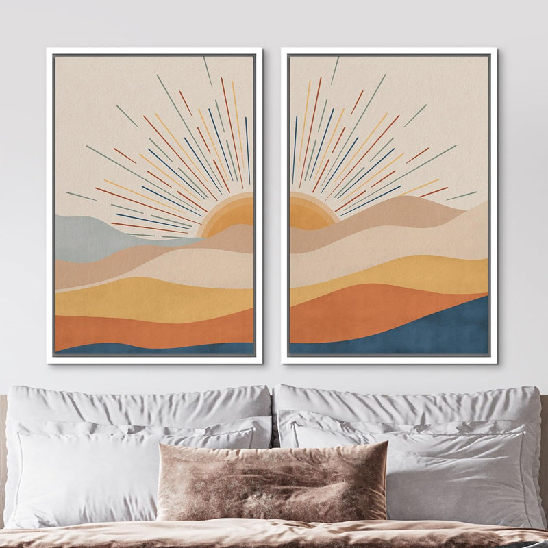 «Sun and Moon Western Desert Sunrise Mid Century Modern», reproduction d'art sur toile 2 pièces, H 36 po x l 48 po x P 1,5 po