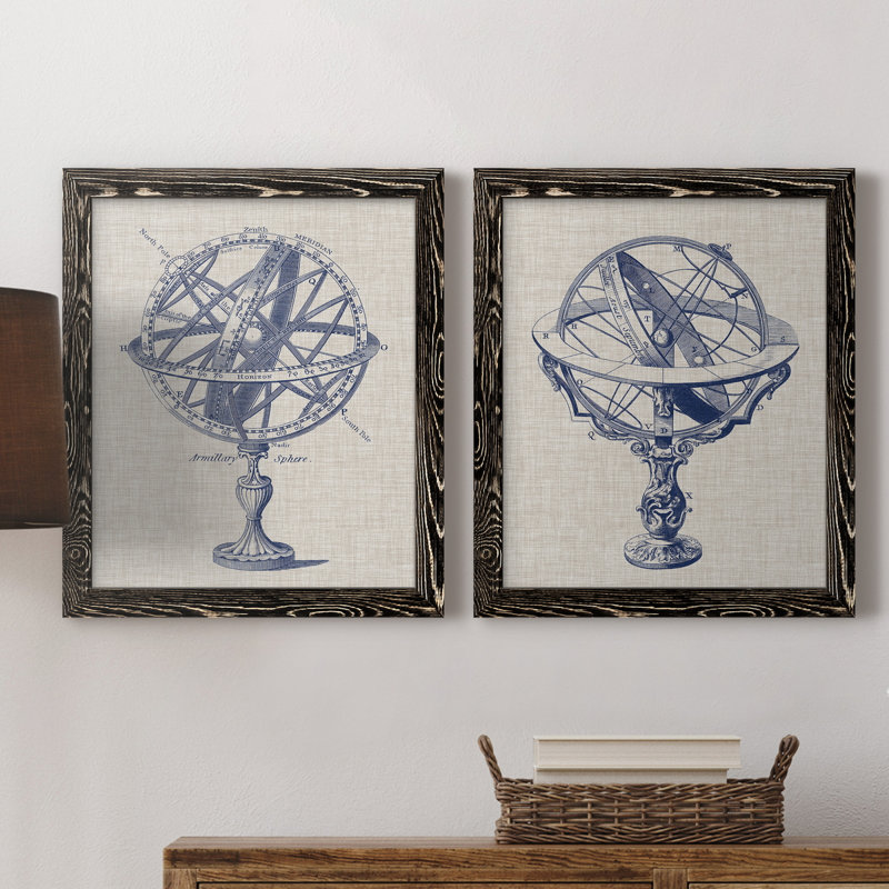 Armillary Sphere on Linen I - Reproduction d'art graphique encadré, H 20 po x l 17 po x P 1 po, Toile avec cadre noir