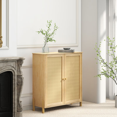 Armoire de rangement moderne à panneau de particules ajustable Mid-Century pour le salon et la salle à manger avec portes en rotin tissé