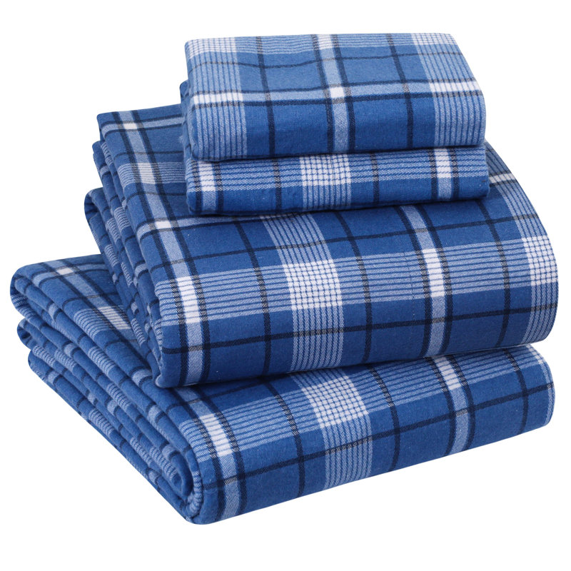 Colyt 100% Cotton Flannel Sheet Set, Queen Sheet Case Pack+Fitted Sheet + 2Pillowcase, Dark Blue Plaid