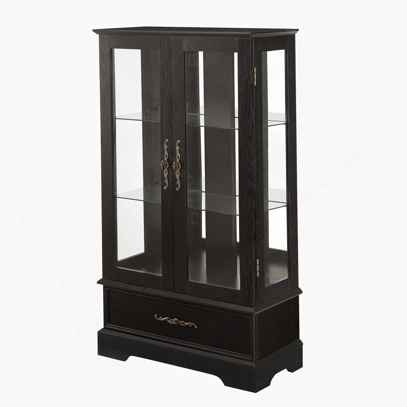 Lighted Glass Curio Cabinet With Bulb, 2-Door Display Cabinet With Drawer And Adjustable Shelves, Black