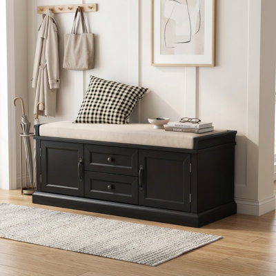 Banc de rangement pour chaussures 42,6 po, banc avec coussin amovible, 2 tiroirs et 2 armoires pour le salon de l'entrée