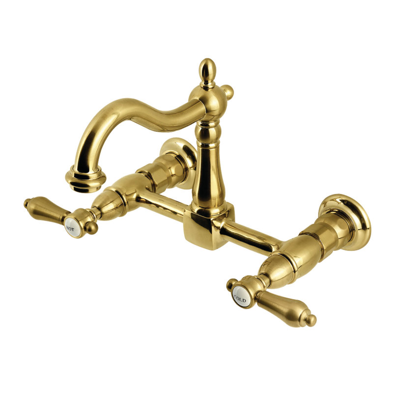 Kingston Brass Heirloom Double-Handle 2-Hole Wall-Mount Bridge Kitchen Faucet, Brushed Brass