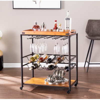 Chariot-bar roulant en verre à 2 niveaux - Chariot de service compact pour préparation de cocktails et fêtes