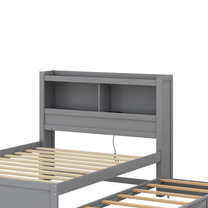 Lit plateforme double avec tiroirs, lit gigogne et prises USB, gris
