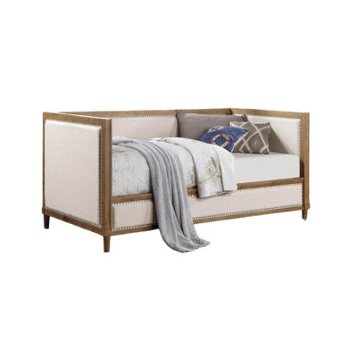 Beige Fabric Upholstered Twin Day Bed with Light Oak Frame & Nailhead Trim, Mattress Ready Bedroom Furniture by Red Barrel Studio