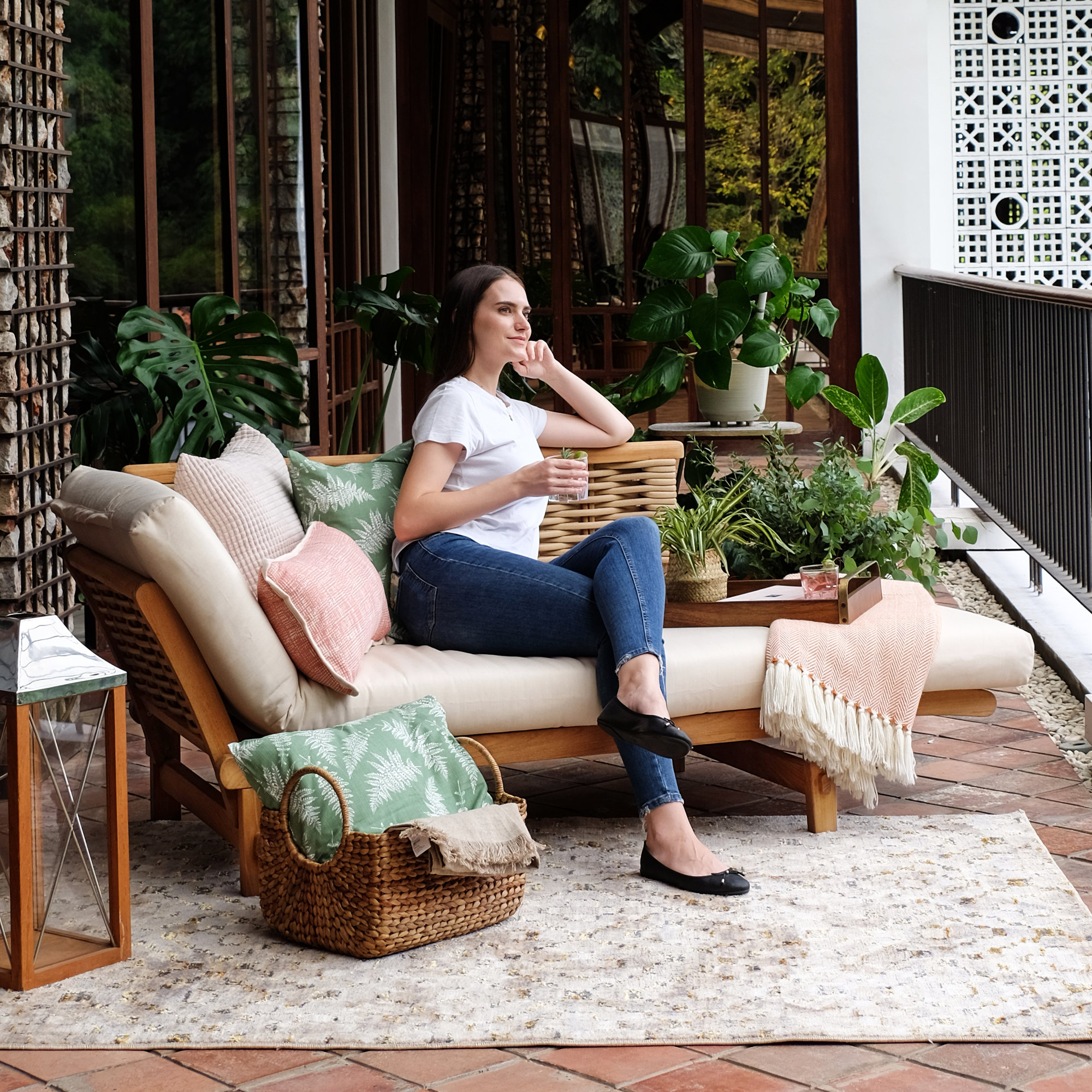  79'' Wide Outdoor Teak Patio Daybed with SunbCushions, Canvas Vellum Sunbrella® Canvas