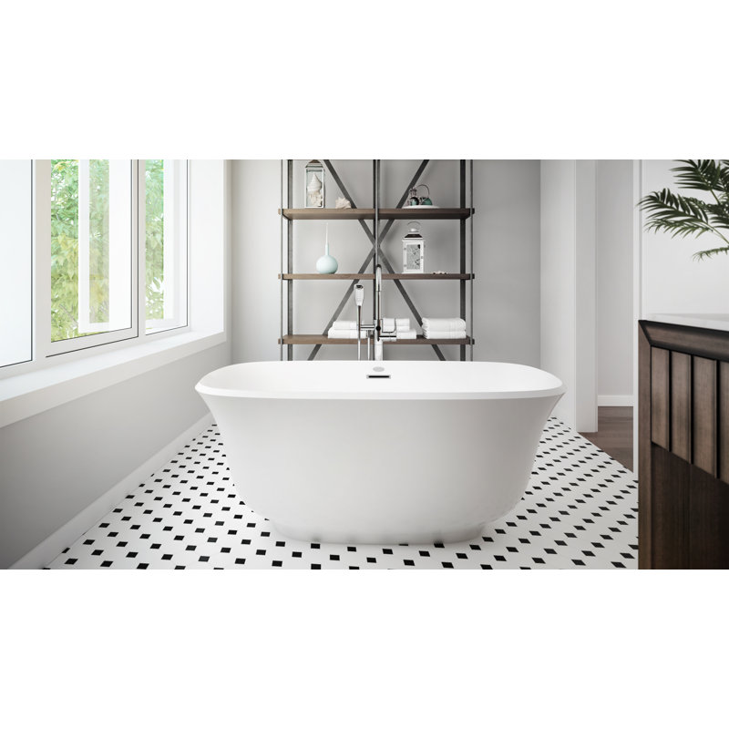 Round Double Handle Floor Mounted Freestanding Tub Filler with Diverter and Hand Shower, Matte Black