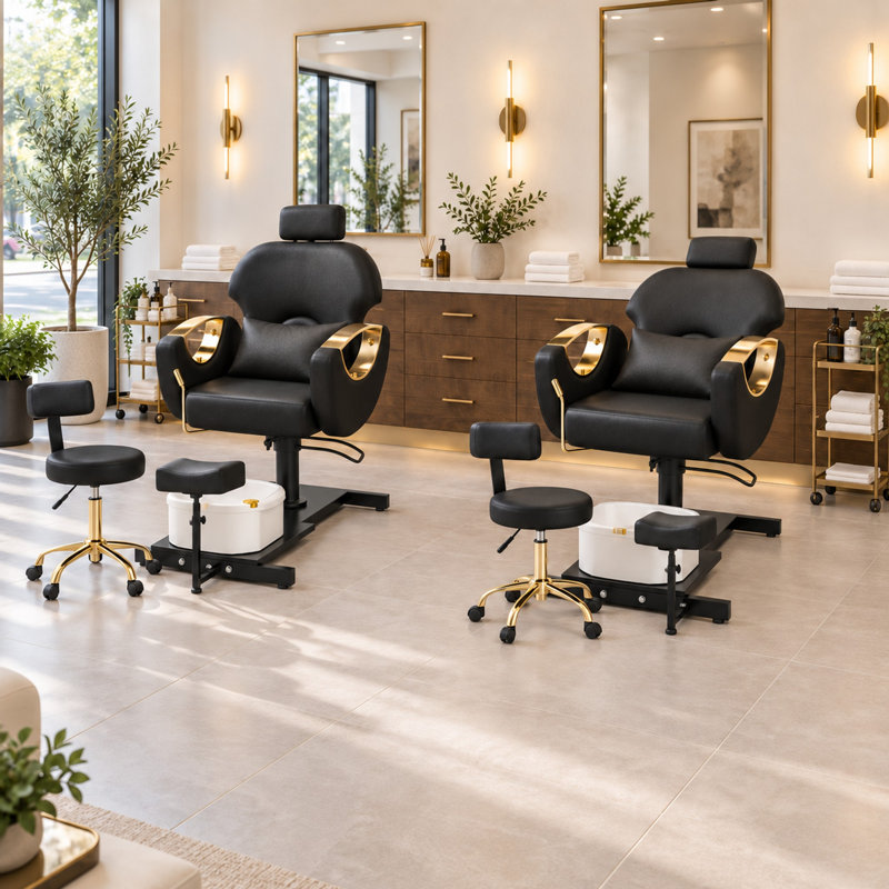 Pedicure Chair With Massage Foot Bath, 360 Degree Swivel Foot Spa Chair- Black/Gold, Black/Gold