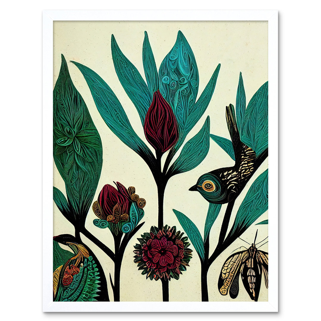 Abstract Folk Leaves Flowers Birds Vintage - Print