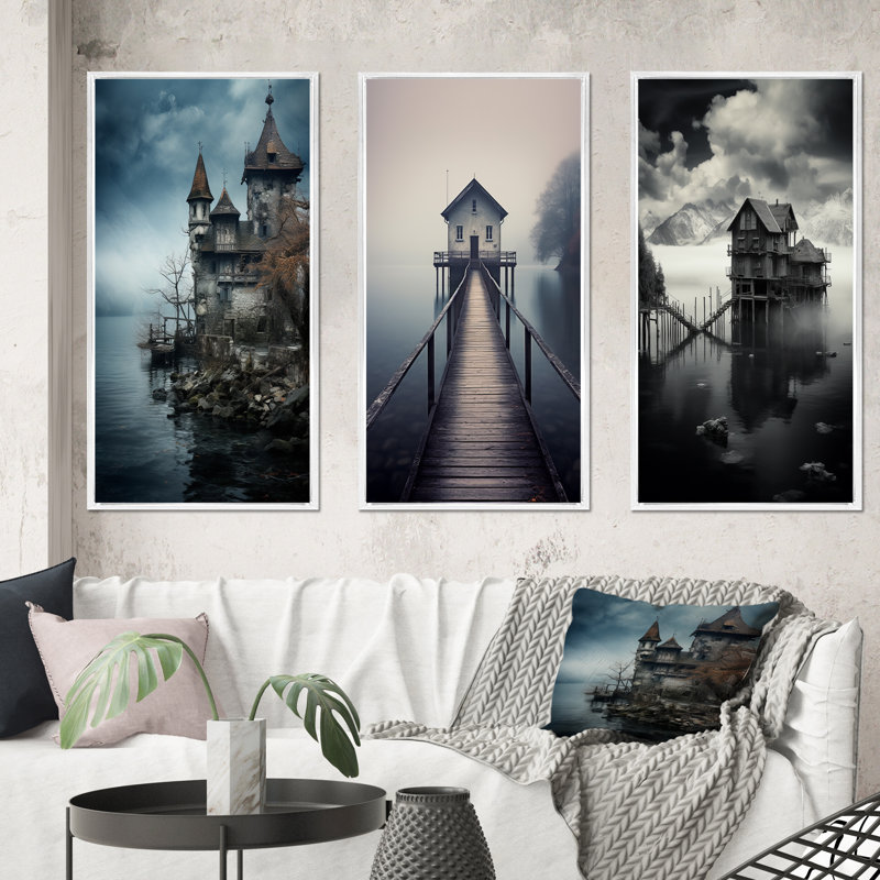 «Mysterious Castle By The Misty Lake», 3 pièces, Cadre flottant blanc, H 60 po x l 40 po
