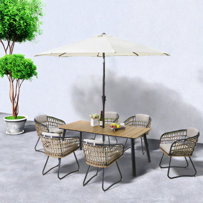 Spacious Modern 7-piece Patio Dining Set, Wicker Chairs, Acacia Wood Table
