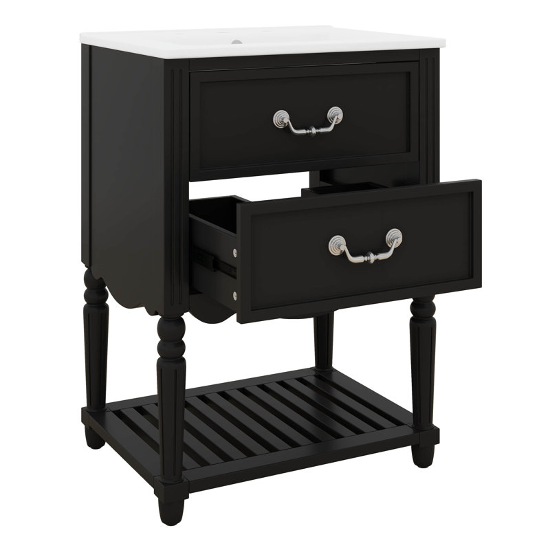 Meuble-lavabo de 24 po avec lavabo en céramique, armoire munie de deux tiroirs à fermeture en douceur et d'une tablette ouverte, mettant en valeur l'élégance rétro