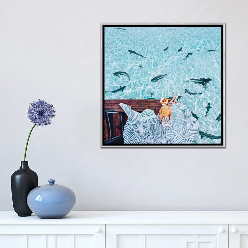 " Breakfast With Sharks " by Hobopeeba, Silver Framed Canvas, No Mat, 18" H x 18" W x 1.5" D