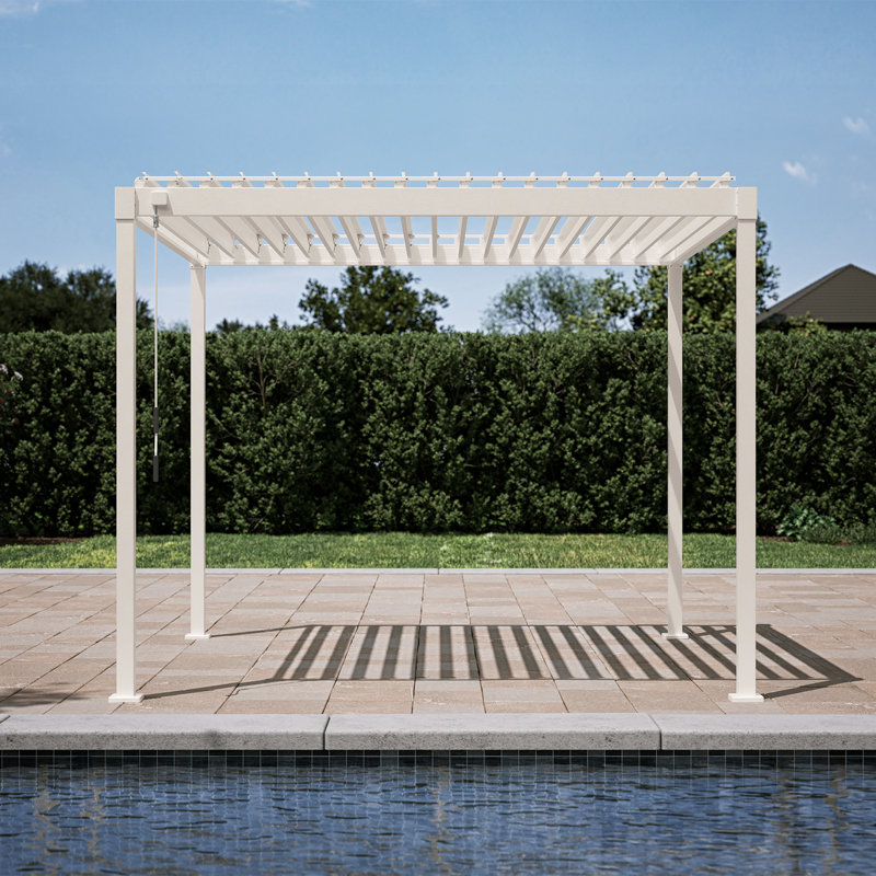 80S Steel Frame Pergola with Adjustable Louvered Roof, 10 ft W x 10 ft D, Latte