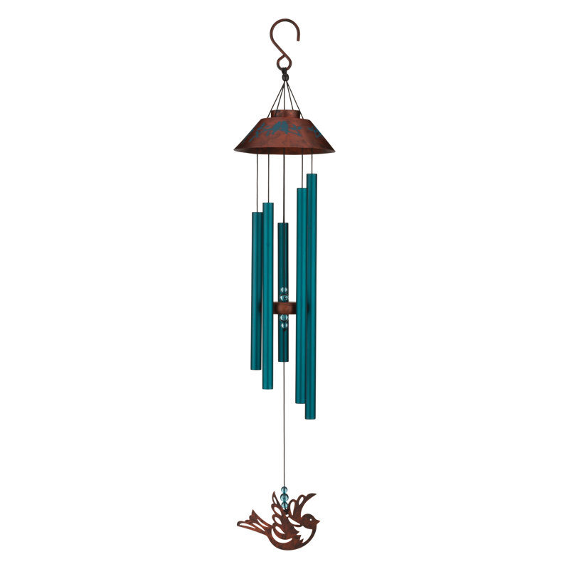 Carillon éolien décoratif extérieur en aluminium et acier de 81 cm (32 po) en forme d'oiseau, avec revêtement en poudre turquoise et accents acryliques