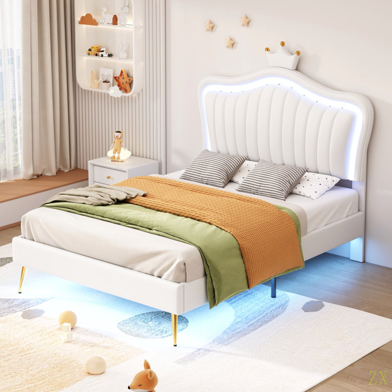 Structure de lit simple avec lumières DEL et lit de princesse moderne avec tête de lit couronne