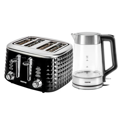 GEEPAS 4 Slice Bread Toaster & 1.7L Illuminating Electric Glass Kettle Combo Set | 1750W Toaster, 7 Level Browning Control | 3000W Cordless Glass Jug Kettle, Auto Shut Off & Boil Dry Sensor | Black