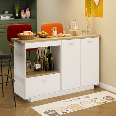 59.1" Wide Kitchen Island With Flip-Top Table – Modern White & Wood Top Bar Counter